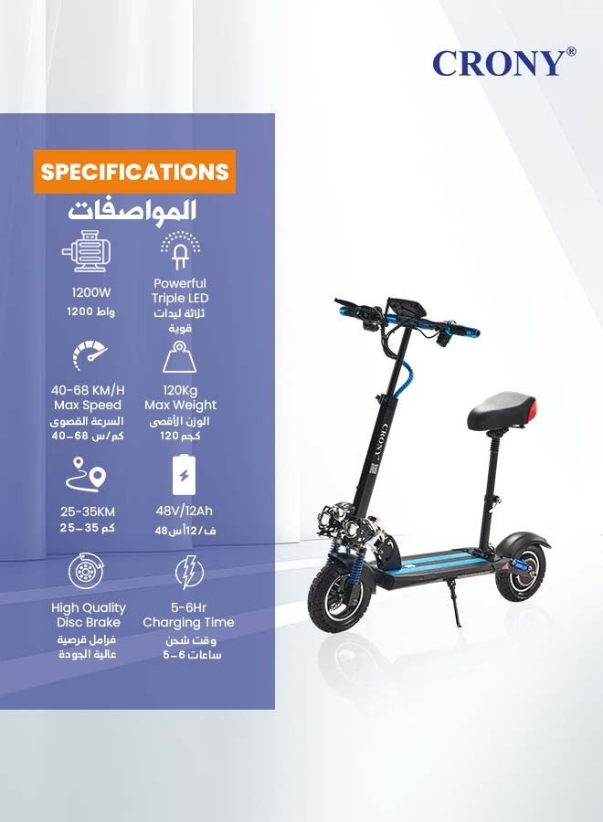 Crony V10 Big Display Fast Speed E-Scooter 1200W 48V Battery 45-68KN/H,10"Off-Road Tires,Triple LED Headlamps, Brushless Motor,All-Terrain electric Scooter, Dual Suspension, Dual Hydraulic Disc Brakes E-Bike, Easy Foldable, Portable Commuter E-Scooter for Adults & Kids, 120KG Load Aluminum Frame Skateboard, Urban Mobility，Blue - Image 2